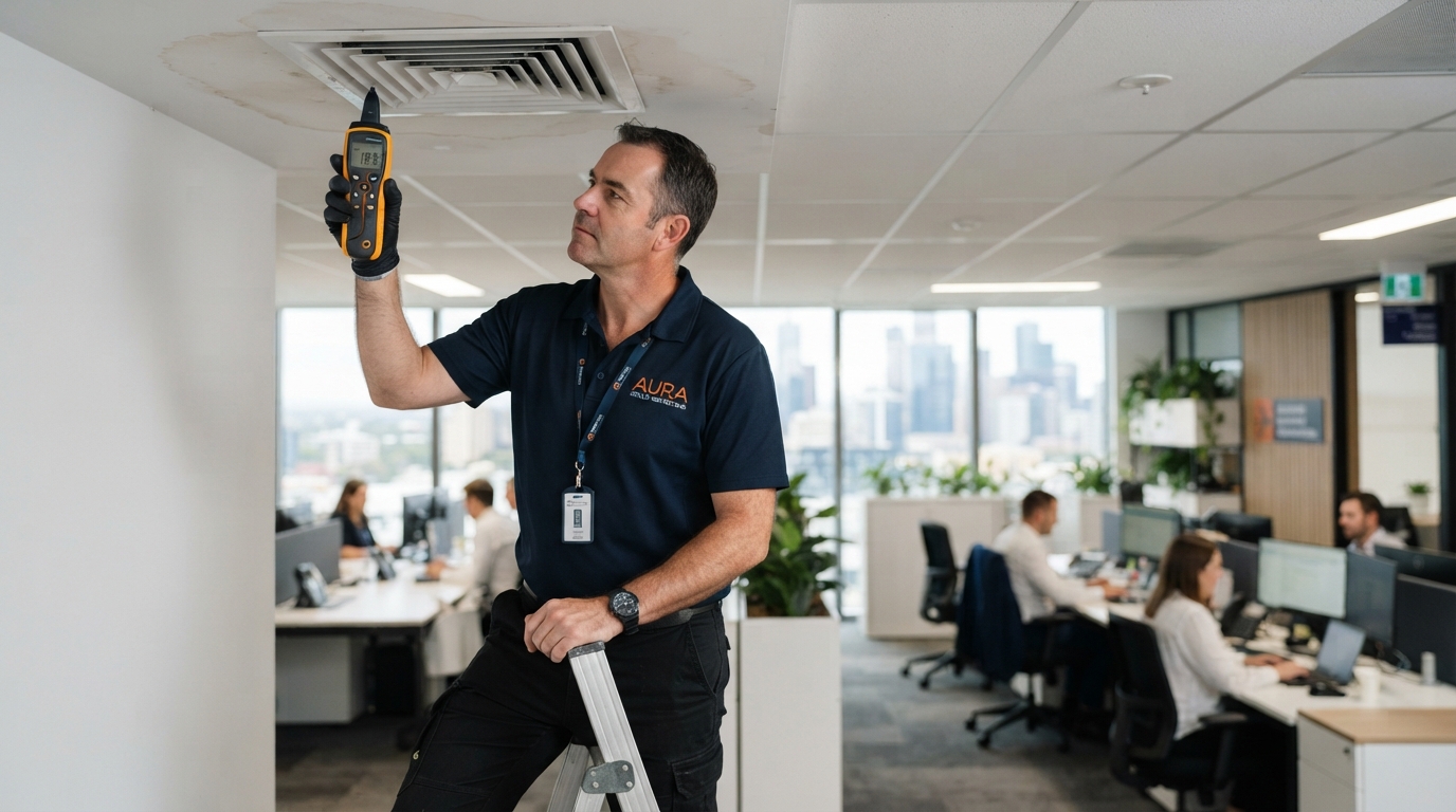 Inspector examining a stained office HVAC vent for moisture