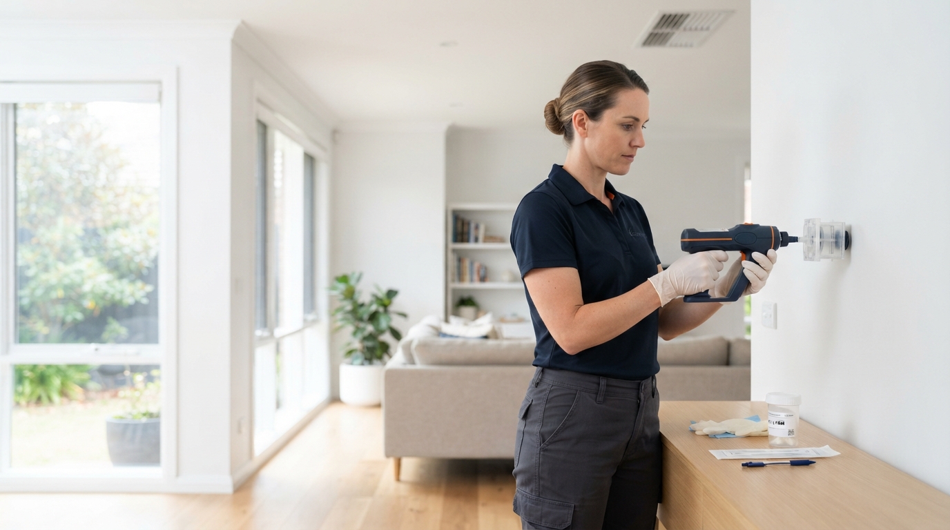 Air-quality inspector performing wall sampling in a home