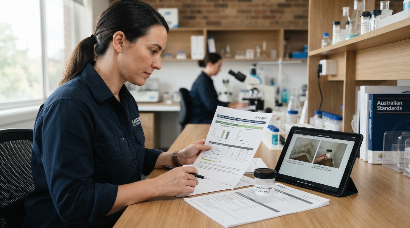 Air-quality inspector reviewing laboratory results and property evidence