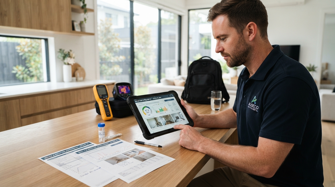 Mould inspector reviewing property findings on a tablet
