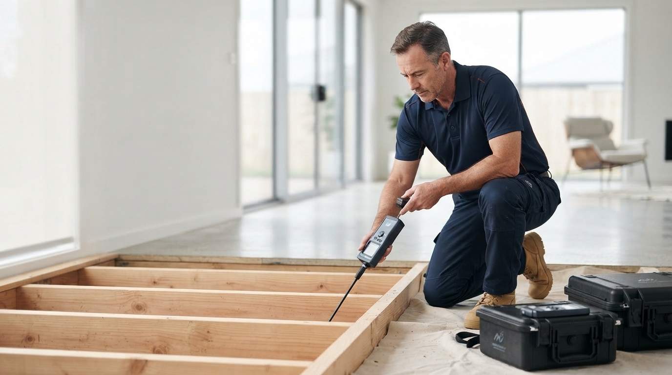 Inspector testing exposed wooden floor joists for moisture