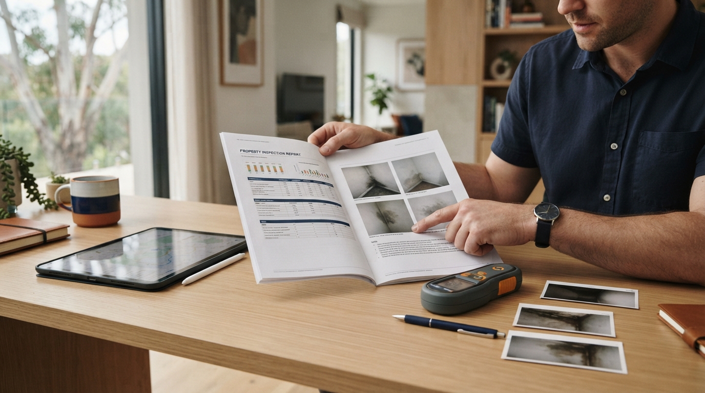 Property inspector reviewing a detailed mould inspection report