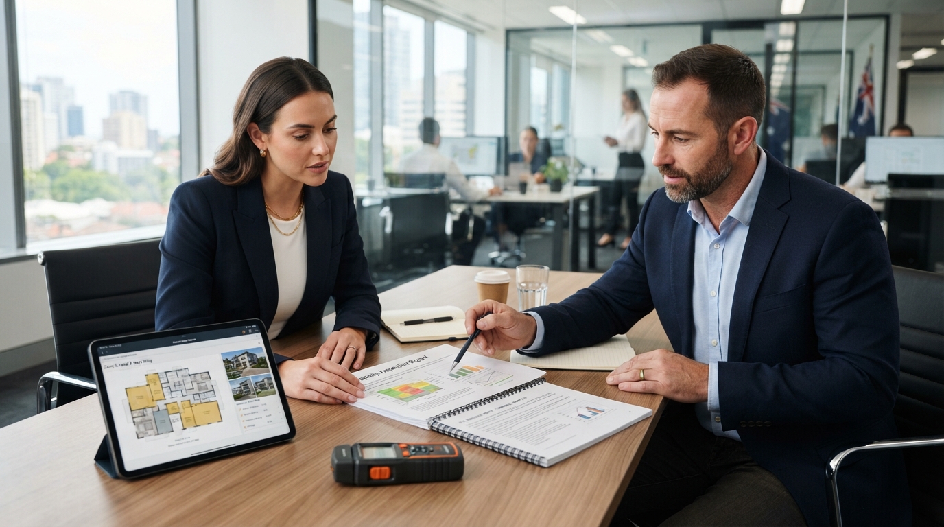 Commercial property professionals reviewing an inspection report